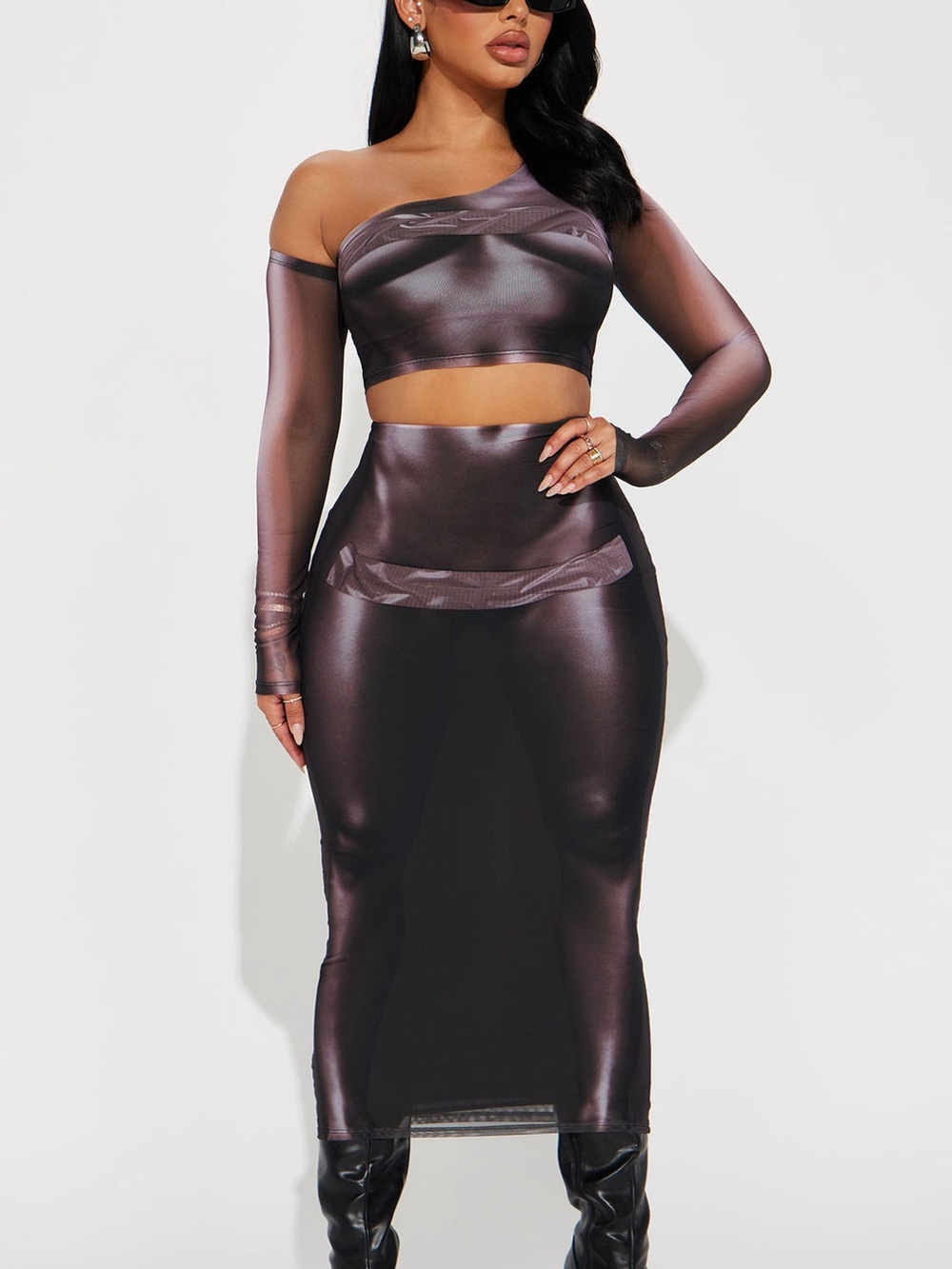 NWOT Fashion Nova Shimmer Mesh One-Shoulder Midi Skirt Set